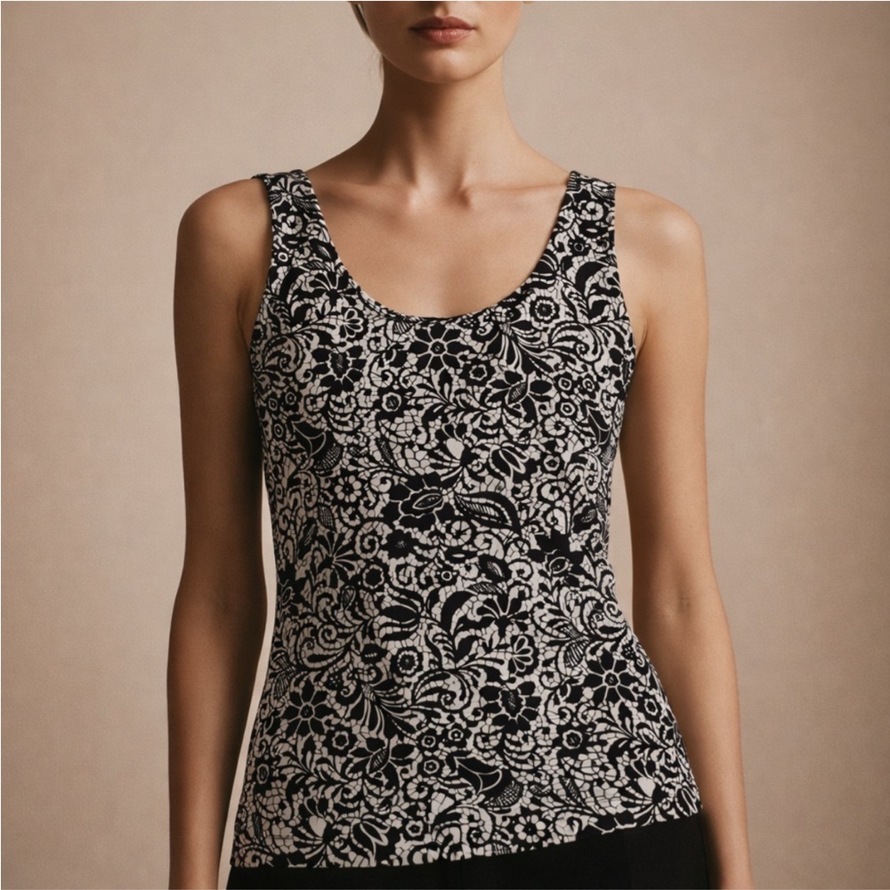 Chico’s Black White Floral Tank Top Size 1 Sleeveless Stretch Blouse Layering